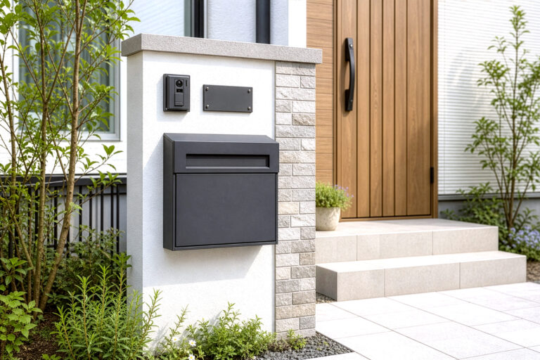 門柱のポストとインターホン、奥に木の玄関扉が見える住宅の入口