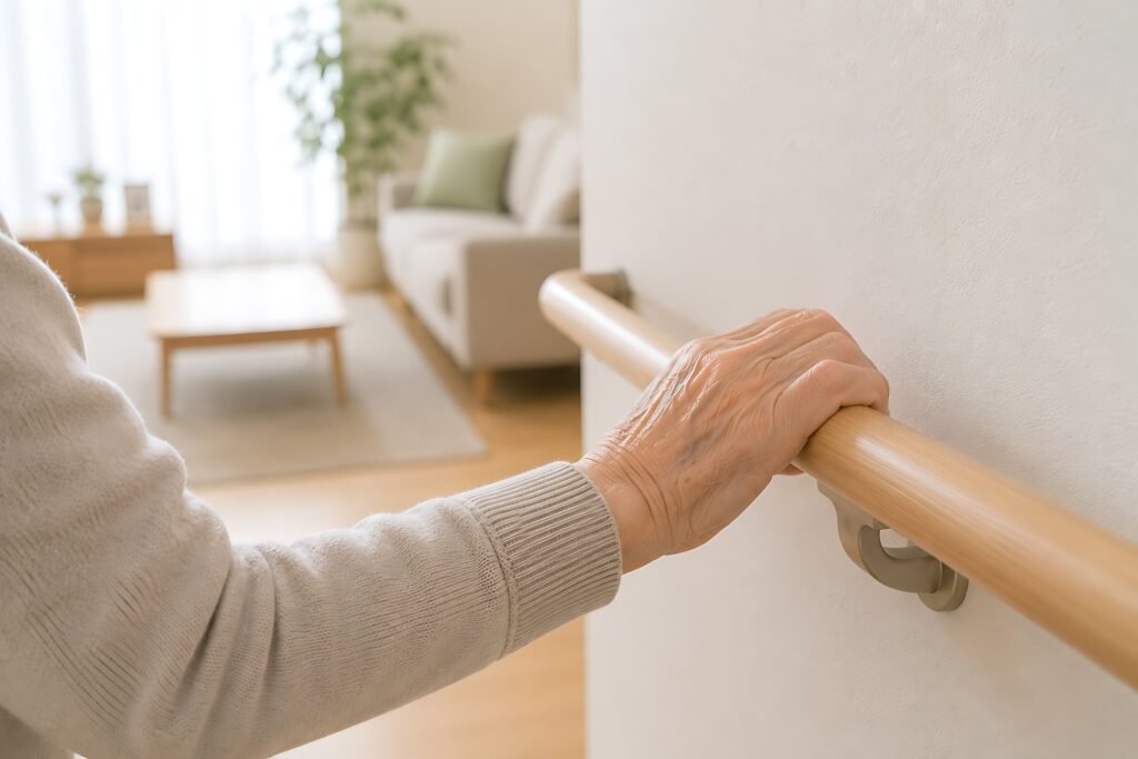 廊下に取り付けた木の手すりに手を添える